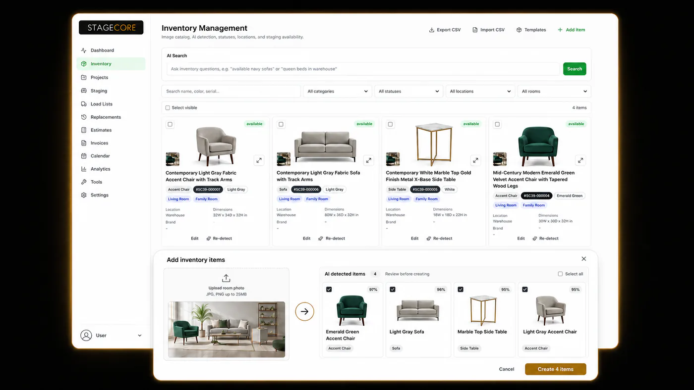 StageCore AI detecting furniture from a room photo and creating inventory items