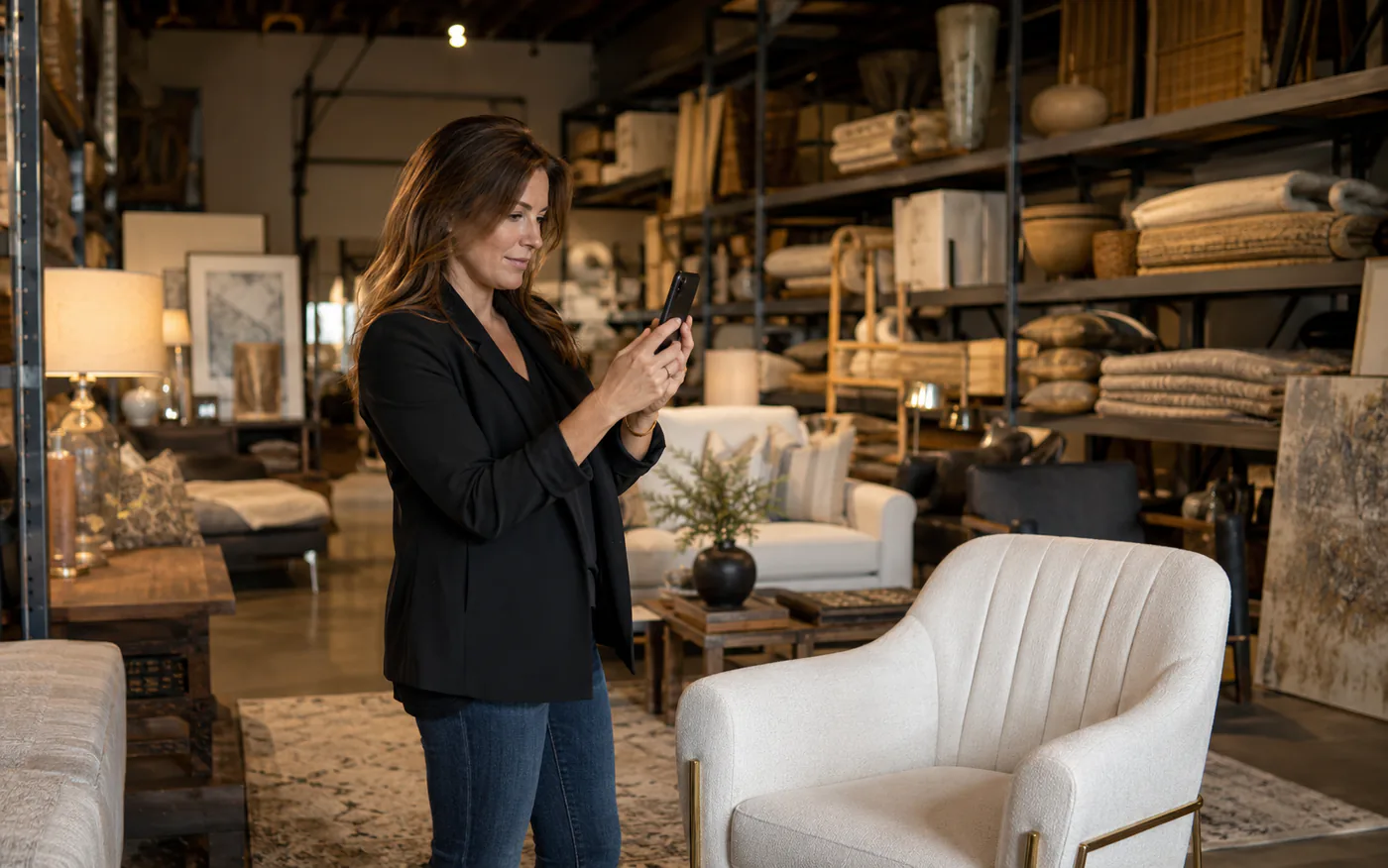 Home staging professional using StageCore in a furniture warehouse