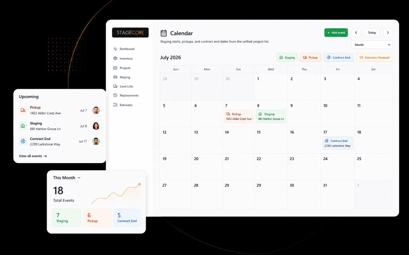 StageCore shared staging calendar with installs, pickups, contract dates, and team assignments