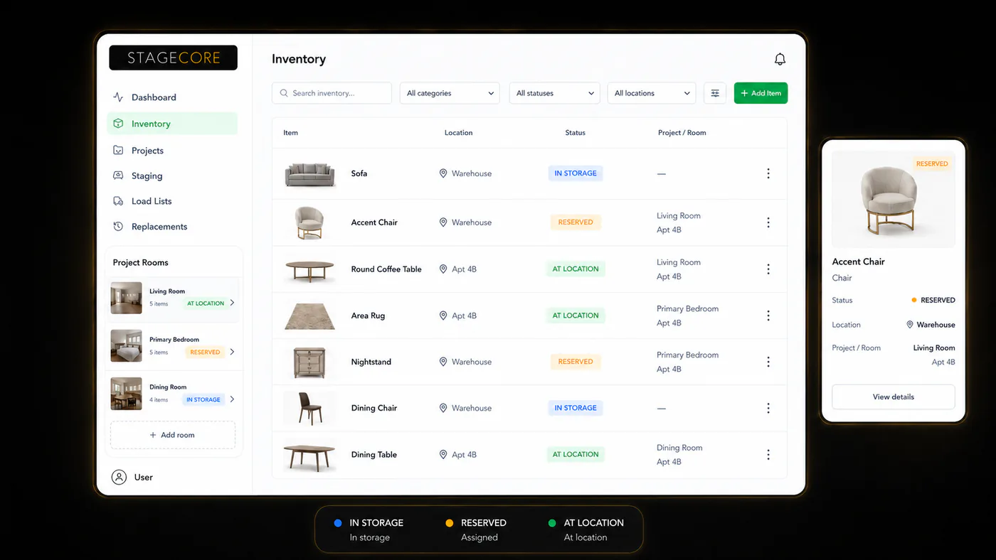 StageCore inventory catalog showing staging furniture locations, availability, and condition