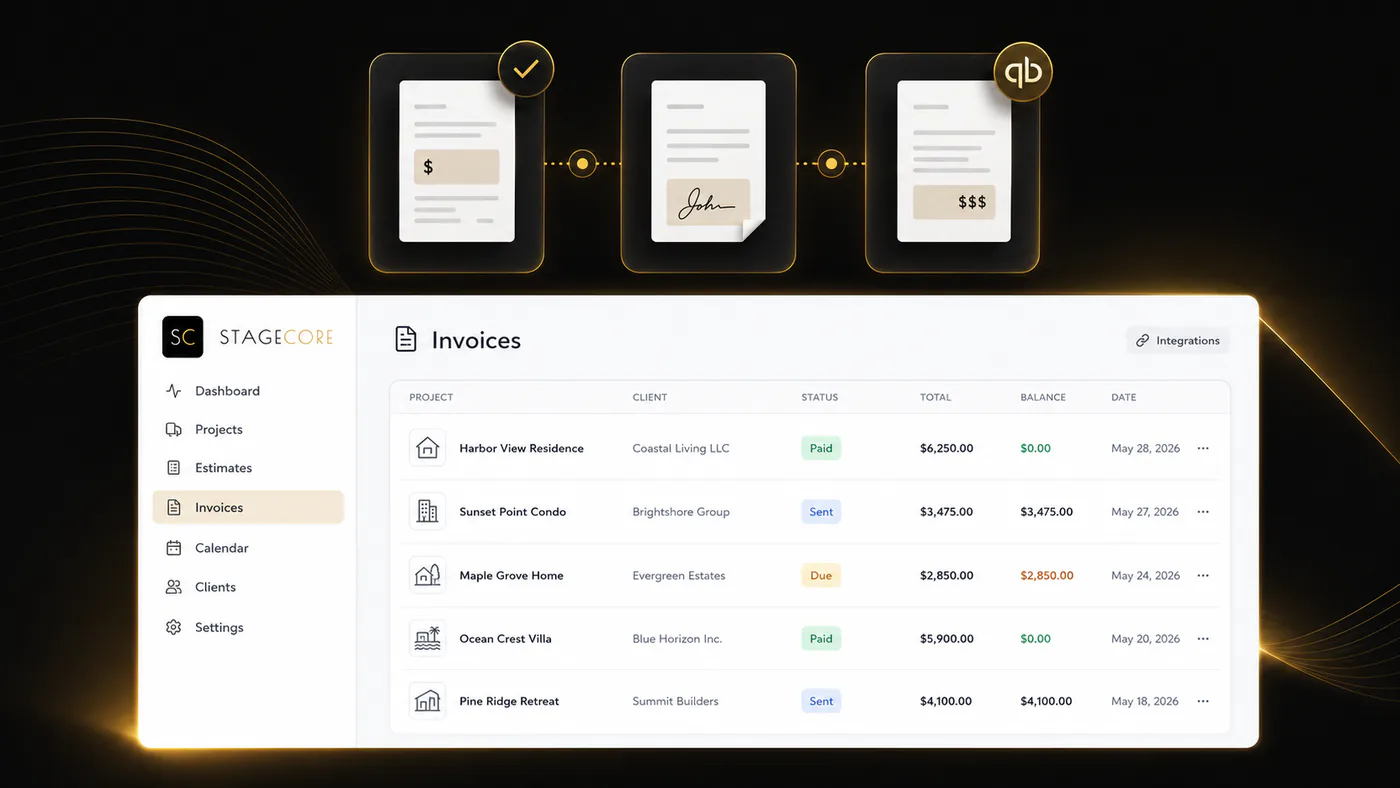StageCore estimates, contracts, invoicing, and QuickBooks workflow