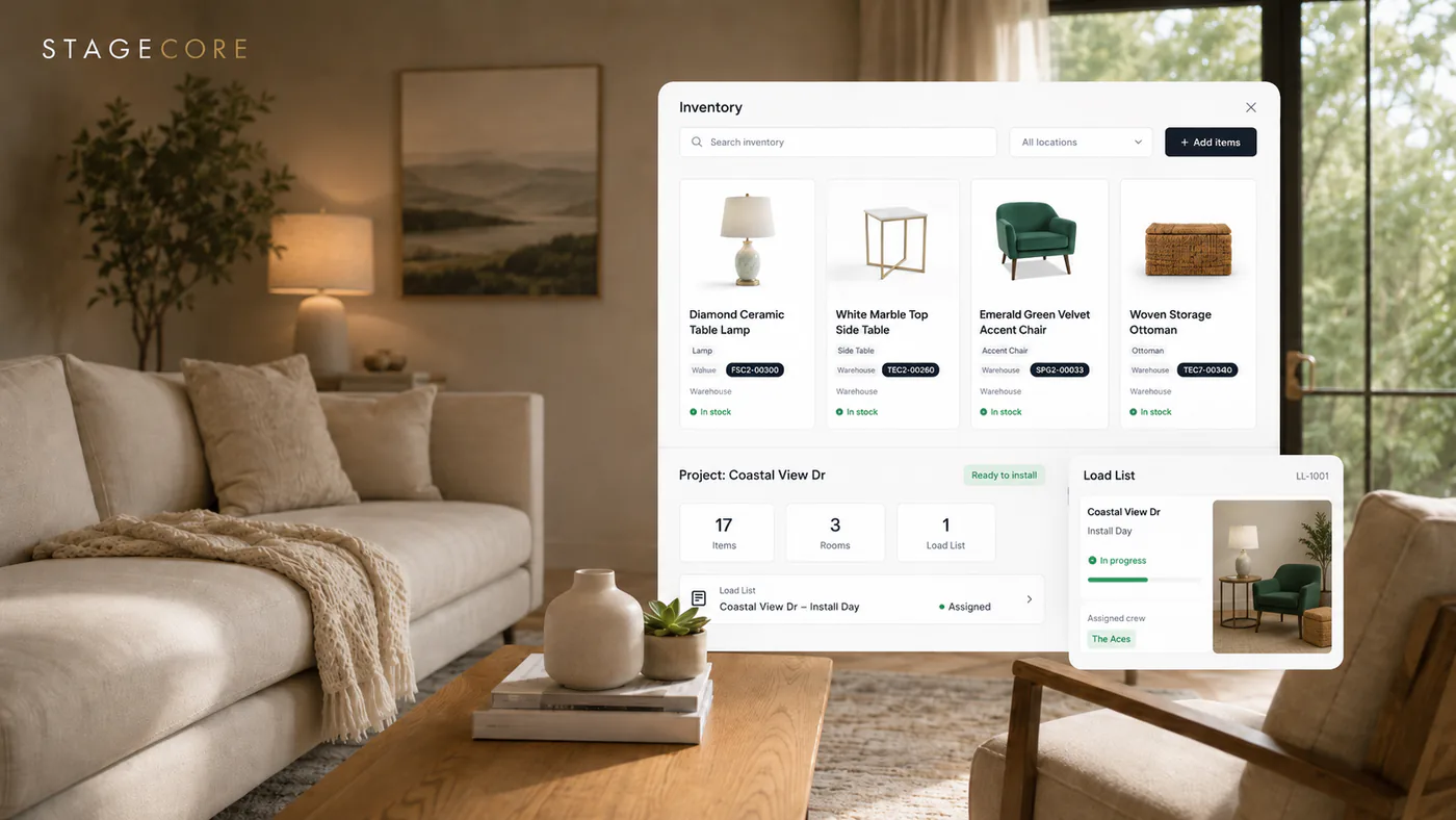 StageCore home staging software connecting inventory, project planning, load lists, and field work