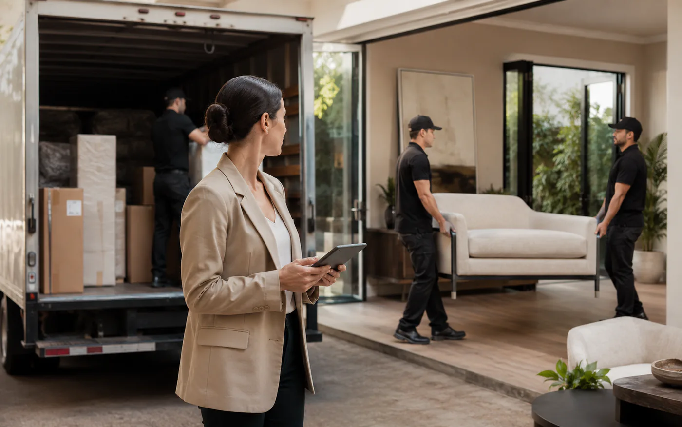 Home staging crew loading and installing furniture at a property