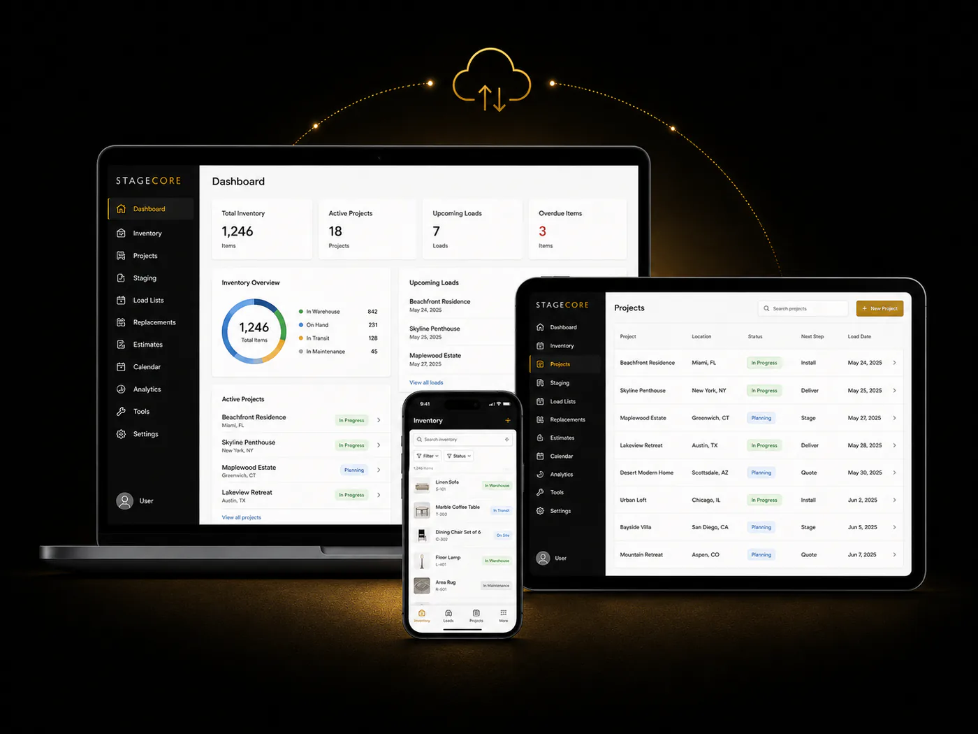 StageCore home staging software dashboard on desktop, tablet, and mobile devices