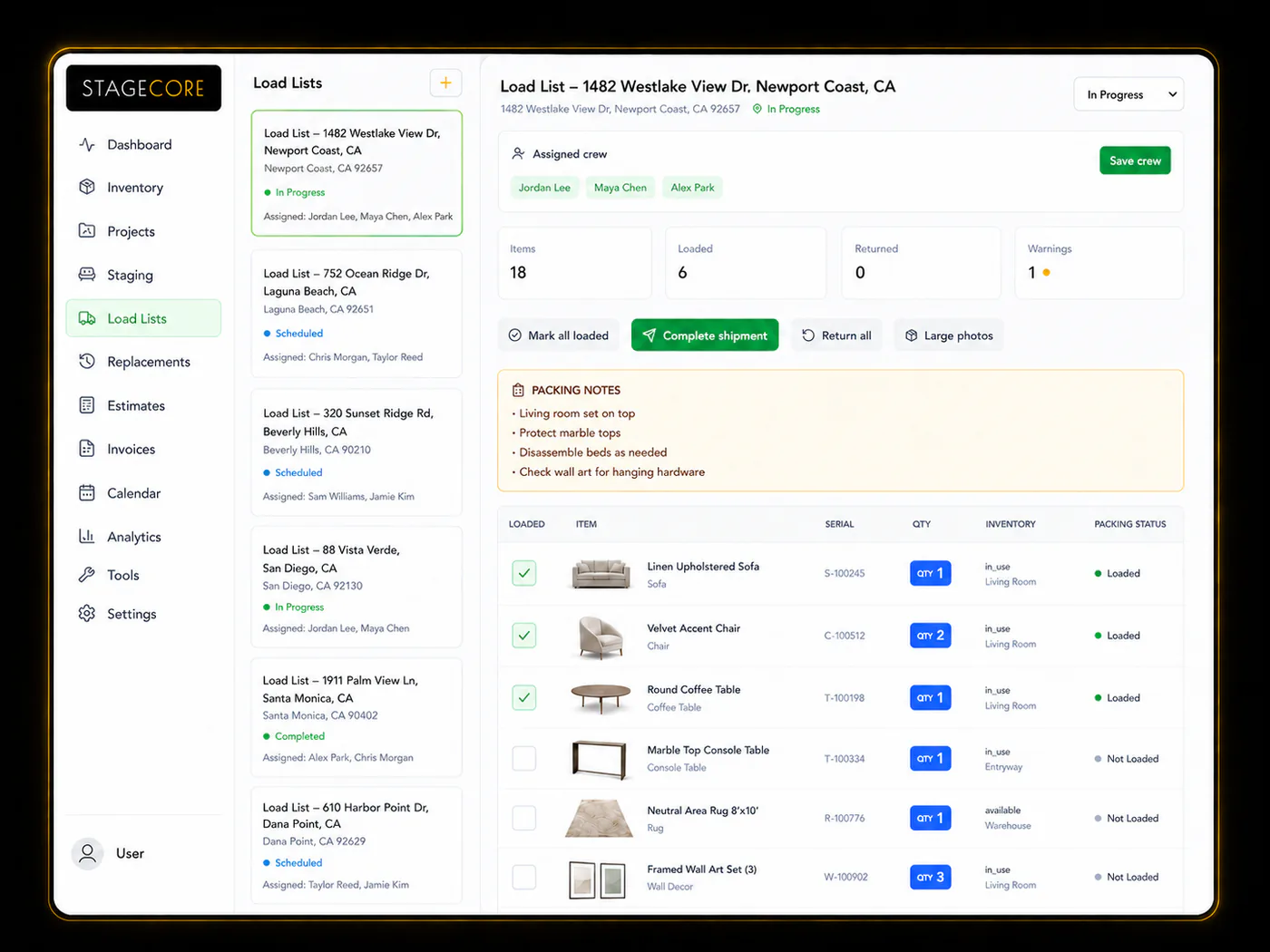 StageCore warehouse load list with crew assignments, packing notes, and item status