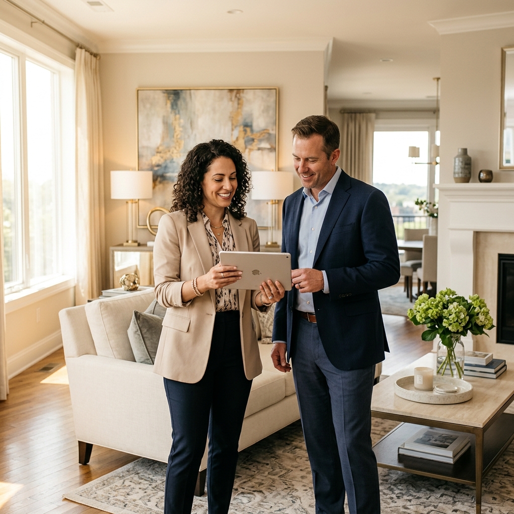 Home staging professional meeting with real estate agent at a beautifully staged property