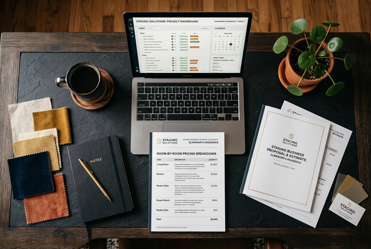 Professional staging business workspace with estimate documents and project management tools
