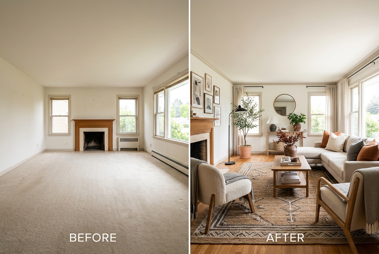 Before and after staging transformation showing empty room versus beautifully furnished living room