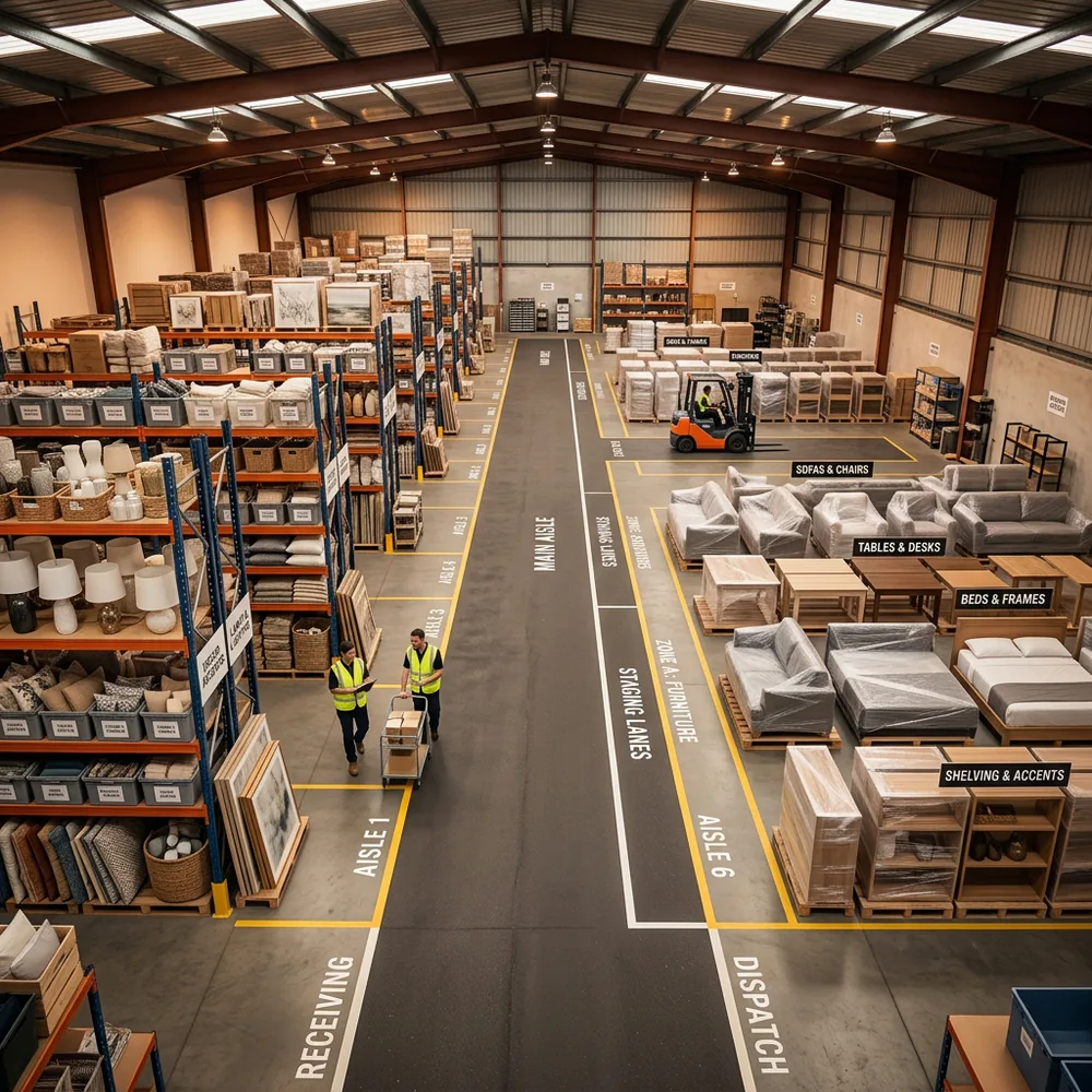 Organized home staging warehouse