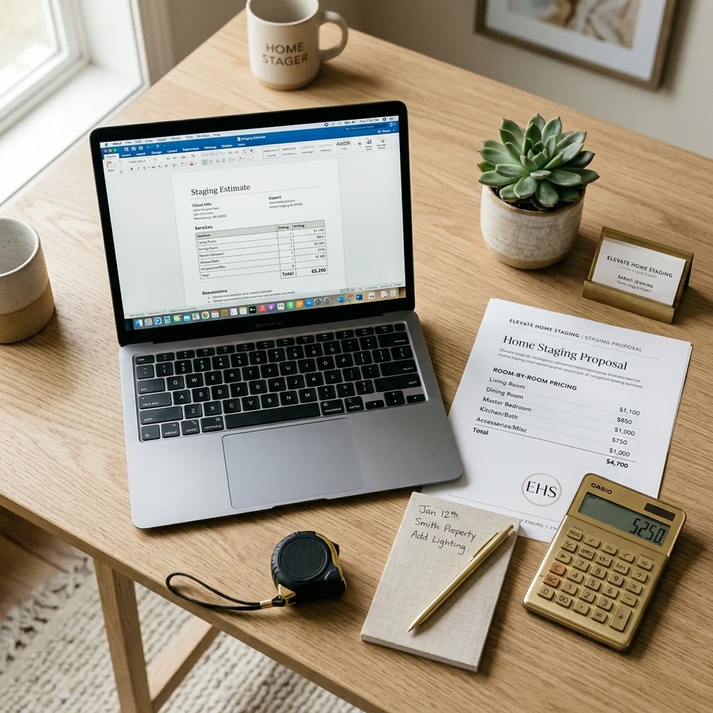 Home staging business owner reviewing pricing estimates and proposals at a desk