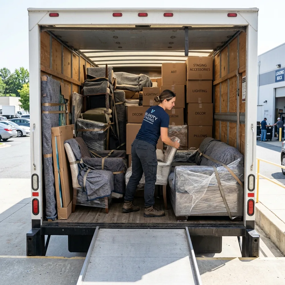 Staging company loading wrapped furniture into a truck for an install day delivery
