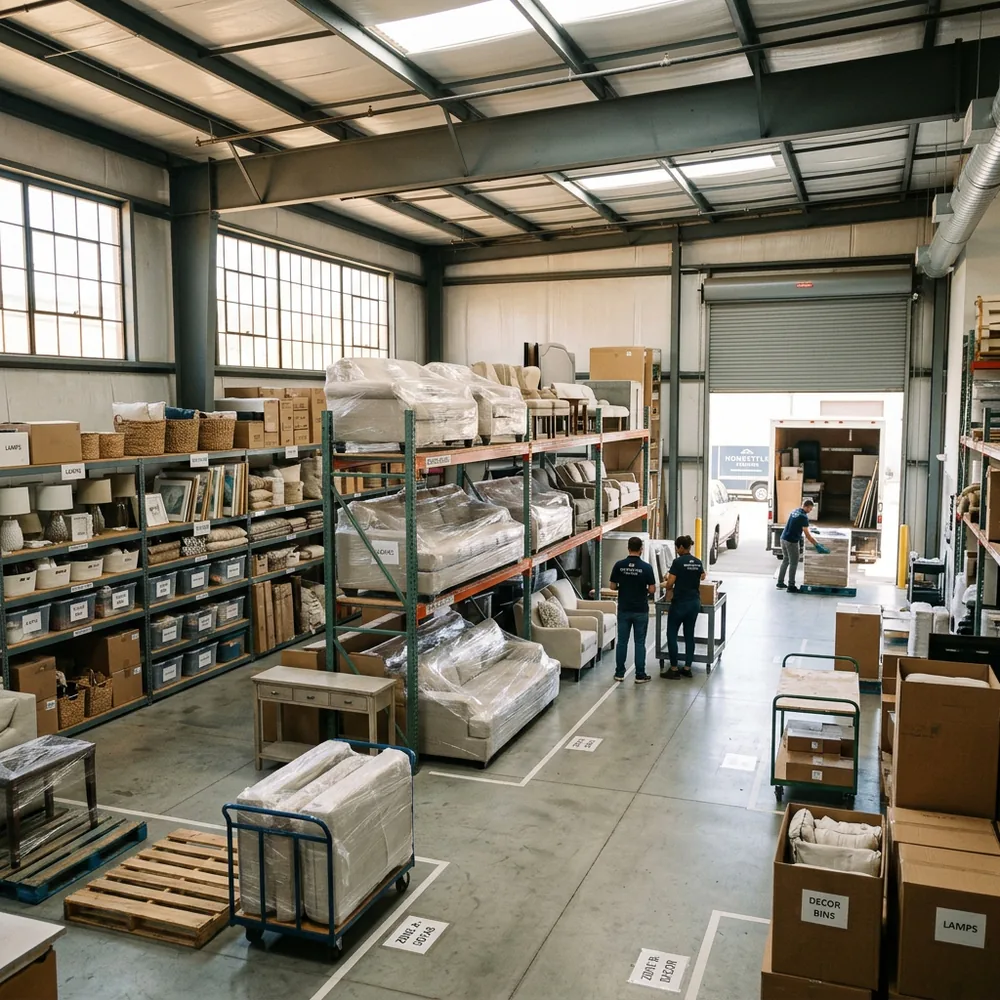 Organized home staging warehouse with furniture items arranged in zones ready for an install