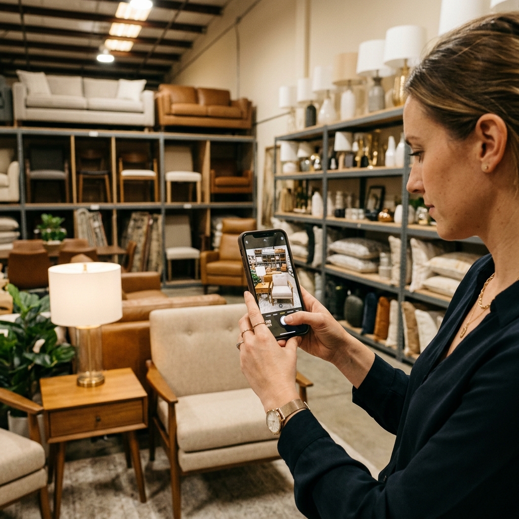Home stager photographing furniture inventory with a smartphone in a staging warehouse