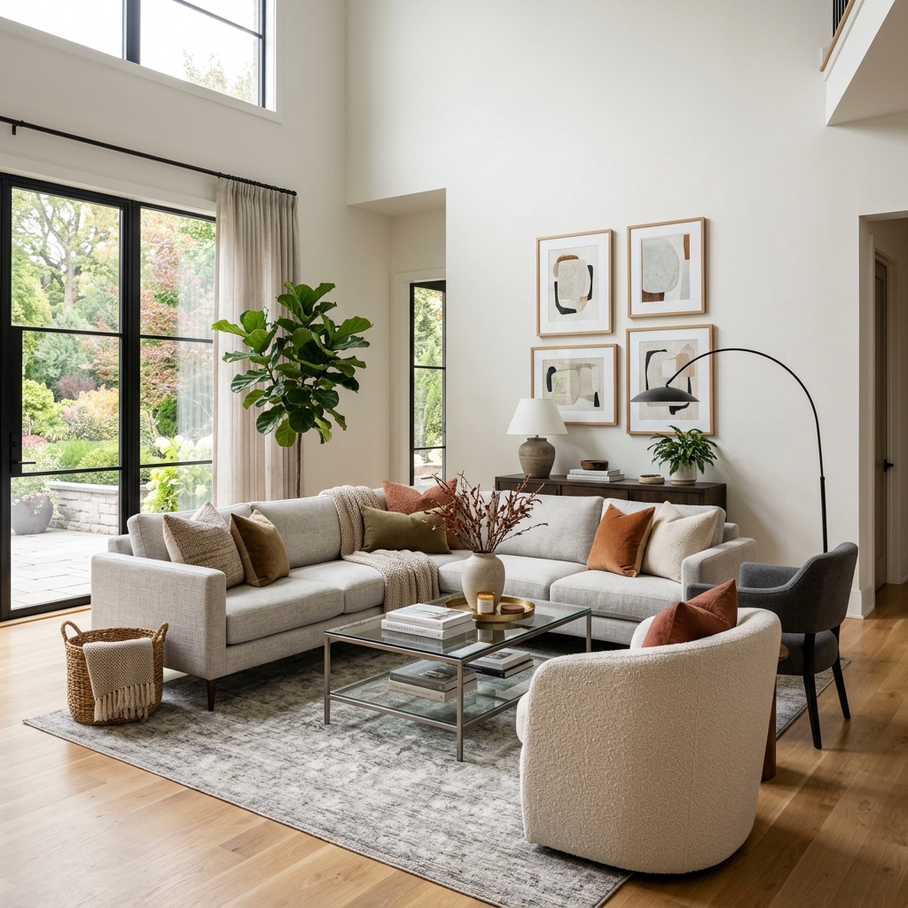 Professionally staged modern living room in an upscale residential property